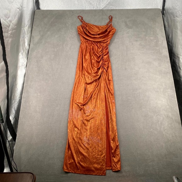 Social Couture Dresses & Skirts - Social Couture Maxi Dress Womens 9/10 Metallic Orange Ruched Wedding Cowl Neck